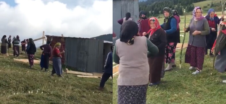Trabzon Haçka yaylasında kaçak yapılan evleri kadınlar yıktı