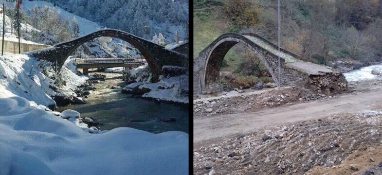 Yol yaparken tarihi köprüye zarar verdiler